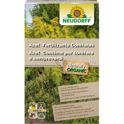 Neudorff Azet Fertilizante Coníferas - Fertilizante con nitrógeno orgánico para todas las coníferas y árboles. Efecto antiamarro