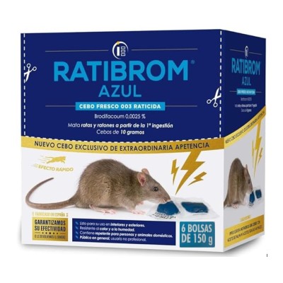 Ratibrom Azul Cebo Fresco 900gr 6 BOLSAS DE 150GR - Impex. Raticida eficaz contra Ratas y Ratones. Listo para Usar. Eficaz con S